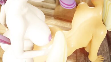 Rarity and Applejack are standing with their dogs, getting intimate in a barn