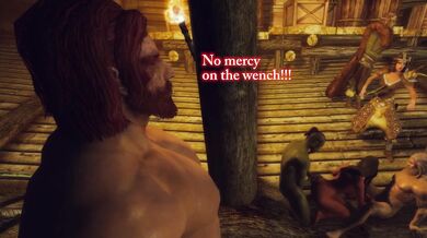 A group of Skyrim bandits engage in a gangbang with the bard, who uses her skills to turn the experience into a musical masterpiece