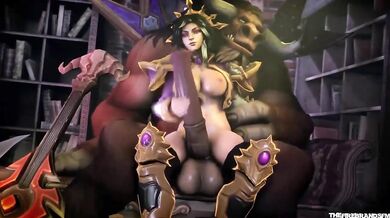 The lusty Tauren cowgirl rides her horse while receiving a hand job from her sexy firefighter lover in front of the blazing inferno