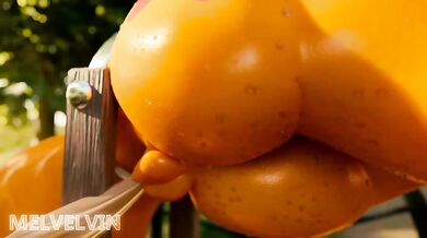 Melvin, a young and handsome man, is trying to squeeze his apple into an apple pie recipe but he accidentally sticks himself with the knife instead