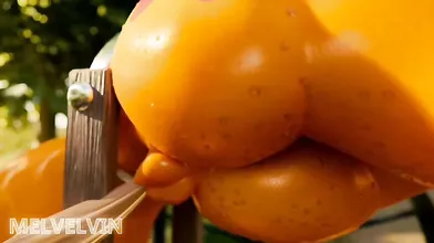 Melvin, a young and handsome man, is trying to squeeze his apple into an apple pie recipe but he accidentally sticks himself with the knife instead