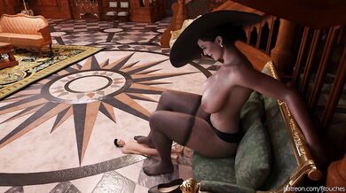 Watch as Lady Dimitrescu receives a delightful footjob animation in this X-rated hentai porn video!