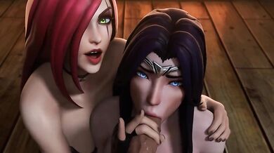 Irelia and Katarina have an intense threesome with each other and another woman in a hot tub