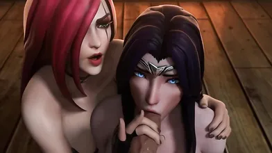Irelia and Katarina have an intense threesome with each other and another woman in a hot tub